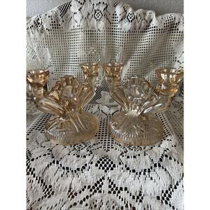 Jeanette Glass Candlestick Holders x 2 Iris Herringbone Marigold Carnival Glass